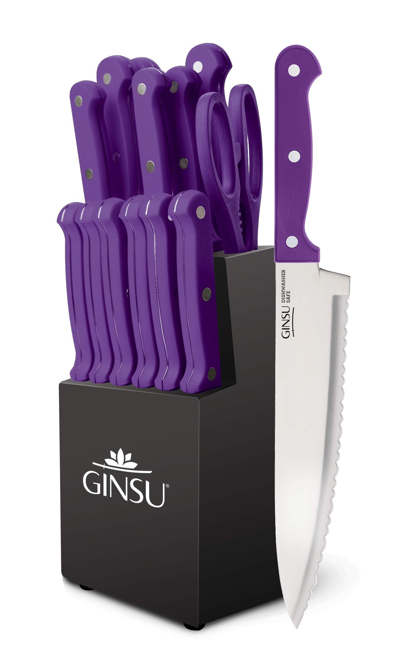 Version 1.0.0 Ginsu Kiso 14-Piece Purple Knife Set with Black Block - Dishwasher Safe and Always Sharp - Image 1