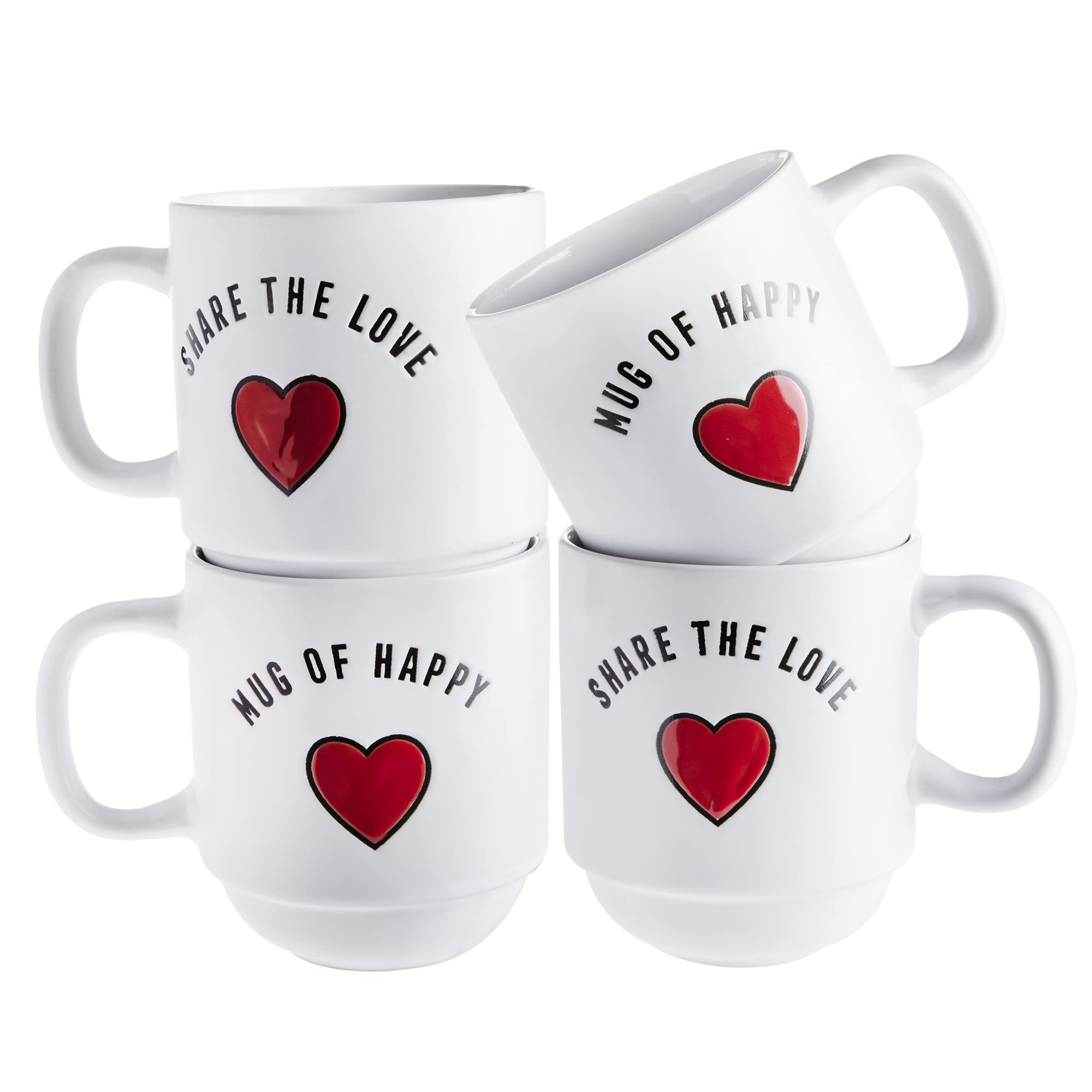Version 1.0.0 Sheffield Home Set of 4 Stackable Stoneware Mugs with a Metal Rack for Storage, Large Cups for Tea, Mugs for Latte, and Hot Chocolate (Heart Sentiments) - Image 1